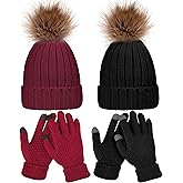 4 Pcs Winter Beanie Hat Gloves Set Pom Knit Unisex Warm Fleece Lined Hat Touchscreen Gloves for Women Men Couples Friends