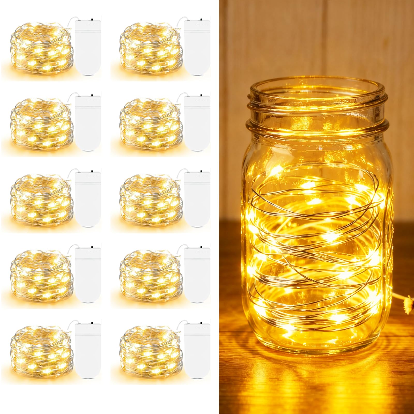 Photo 1 of 10 Pack Fairy Lights Battery Operated - 7ft 20 LED Twinkle Lights Copper Wire Mini String Lights Firefly Lights for Mason Jars DIY Crafts Christmas Wedding Party Centerpiece Table Decor, Warm White