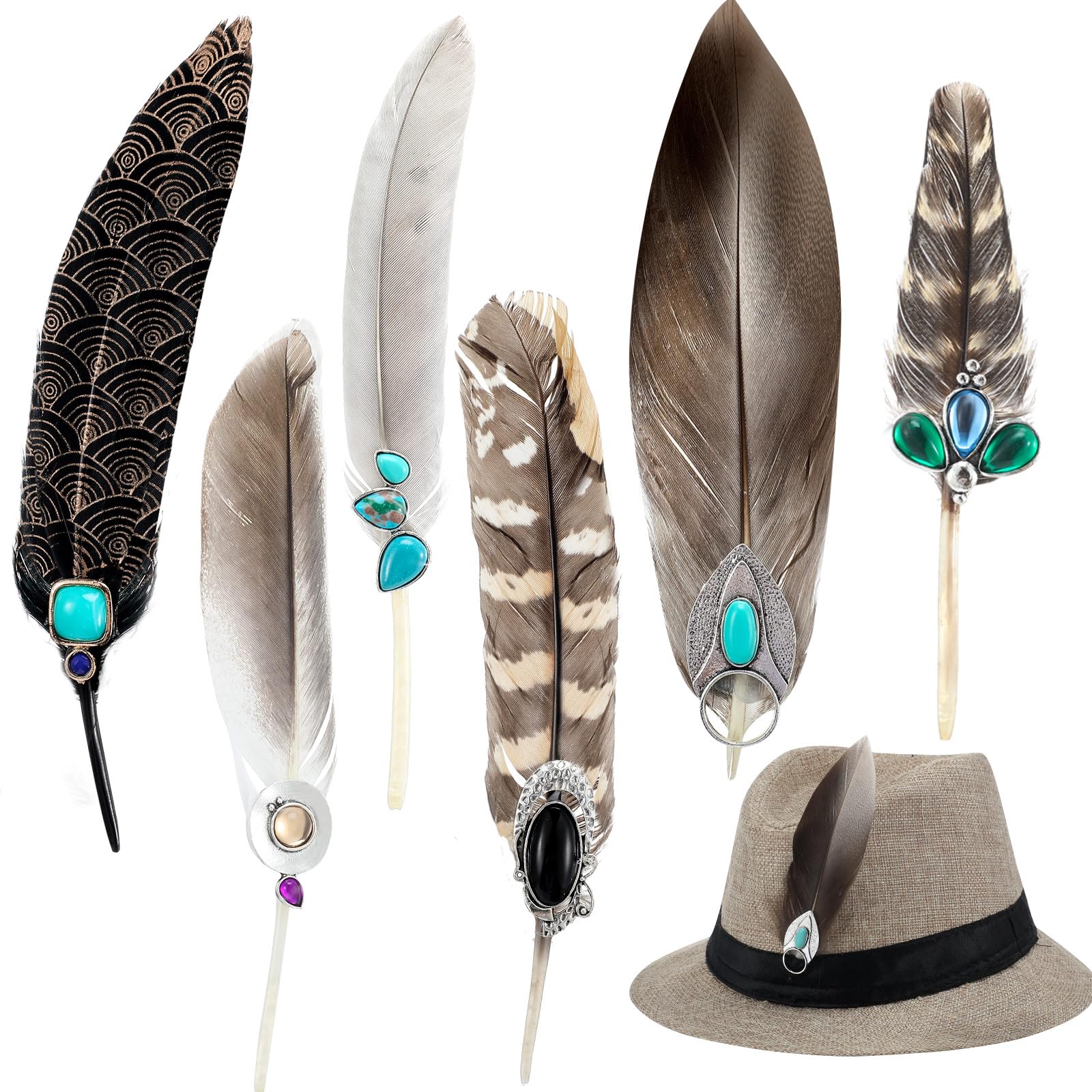 Photo 1 of Janinka 6 Pcs Natural Feathers for Hat Assorted Turquoise Hat Feathers for Western Cowboy Hats Christmas Party Hats, DIY Craft Accessories Decorations