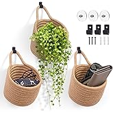 Fabric Wall Hanging Baskets - 3Pack Woven Pouchs Boho Style Wall Mounted Bag with Adhesive Hooks, Storage Organizers and Decoration Pocket Caddy Bins on Door Rack (Linen & Black, Large)