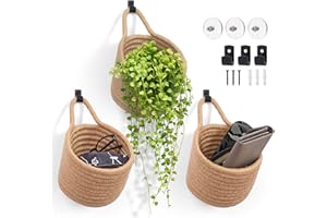 LIGHT DUST Fabric Wall Hanging Baskets - 3Pack Woven Pouchs Boho Style Wall Mounted Bag with Adhesive Hooks, Storage Organizers and Decoration Pocket Caddy Bins on Door Rack (Linen & Black, Large)
