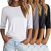 Huukeay 4 Pack Women's 3/4 Length Sleeve Tops Round Neck Casual Basic Tees Loose Fit Elbow Sleeve Tops