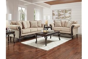 Roundhill Furniture Hernen 2-Piece Living Room Set, Carved Wood Frame Sofa and Loveseat, Beige Wheat
