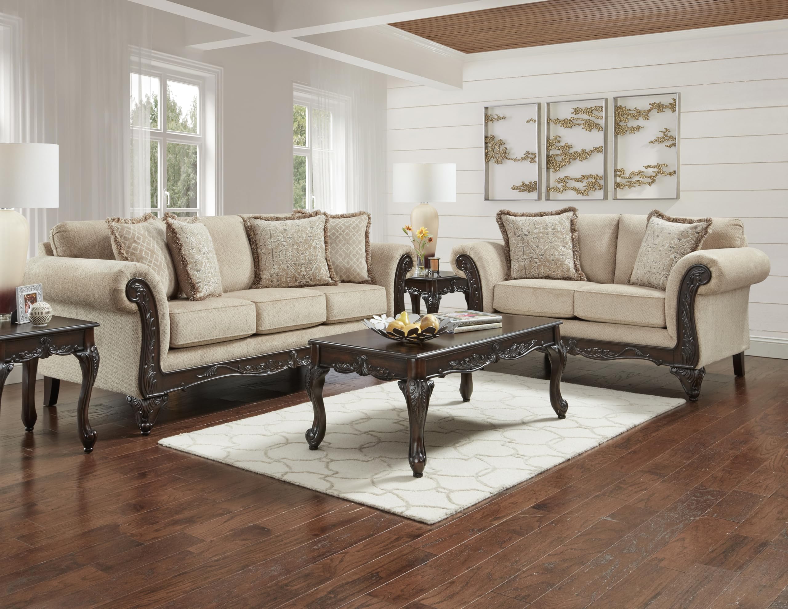 Roundhill Furniture Hernen 2-Piece Living Room Set, Carved Wood Frame