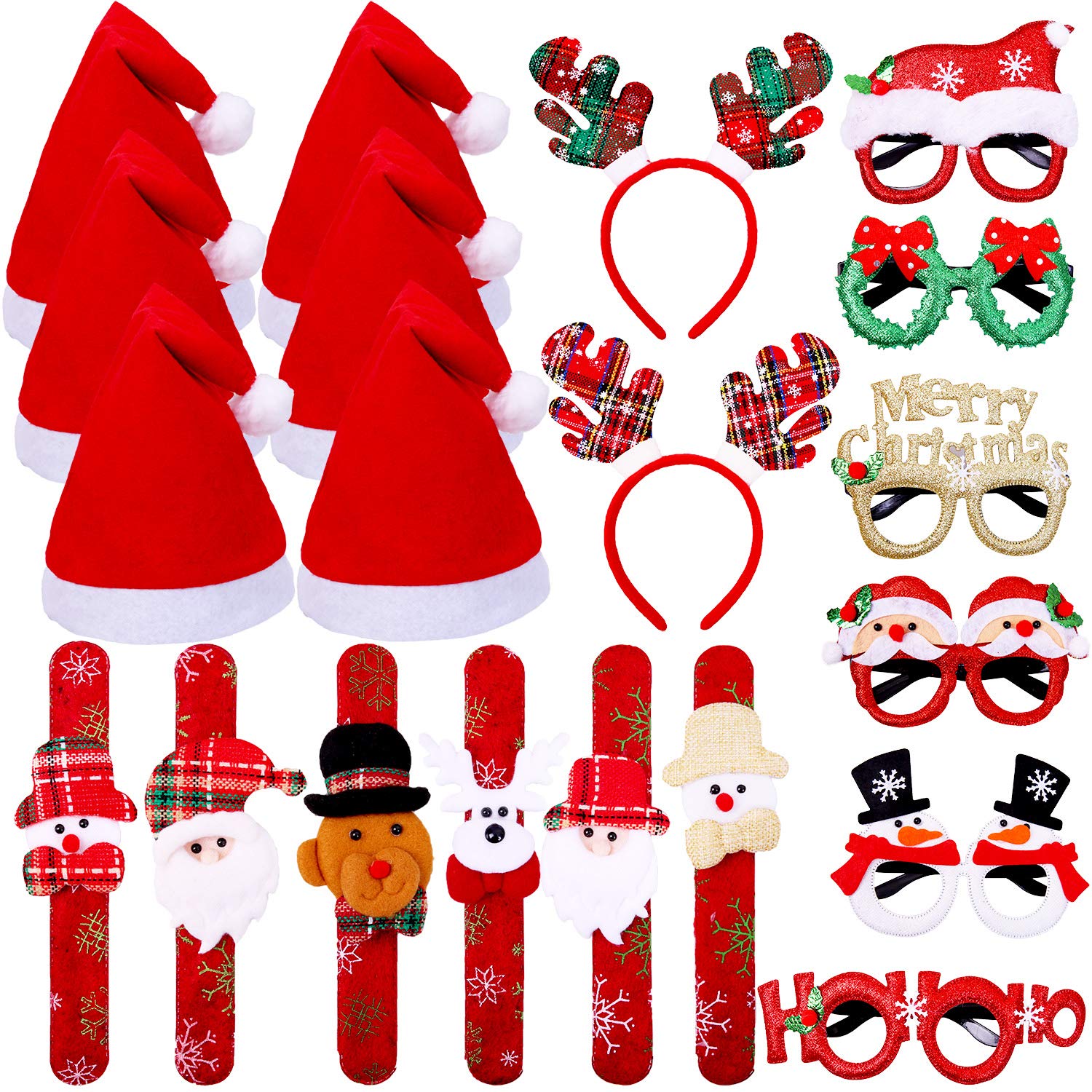 Ruisita 20 Pieces Christmas Party Costume Supplies Christmas Party Glasses Frames Xmas Santa Hats Christmas Headband Headwears Christmas Slap Bracelets, Assorted Styles