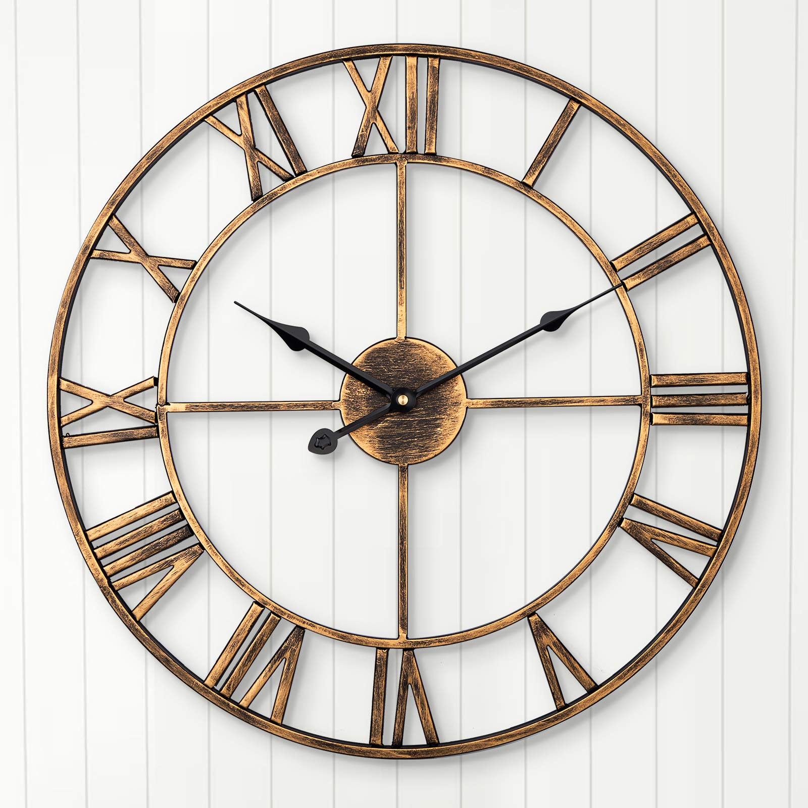 ARVINKEY European Farmhouse Vintage Wall Clock with Roman Numerals, 40cm Non-Ticking Battery Operated Metal Skeleton Decorative Clock for Home Kitchen (Gold)