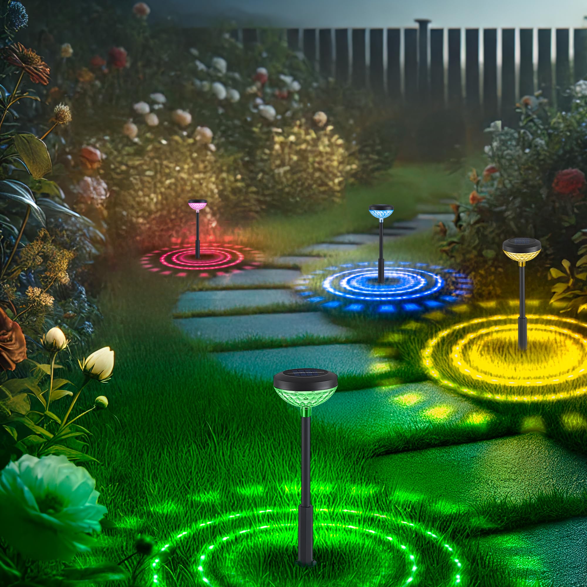 Photo 1 of HOODINK 4 Pack Color Changing Solar Pathway Lights, RGB + Warm White LED, IP65 Weatherproof Solar Lights Outdoor for Garden, Walkway, Yard, Decorative Landscape Lighting, YL4023-4