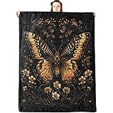 jwyta Butterfly Flannel Blanket,Vintage Gold Floral Insect Throw with Black Background,Gothic Botanical,Lightweight Fleece Blankets for Nature Lover,Couch,Cabin,Bed,Camping Decor Gifts,60x50in