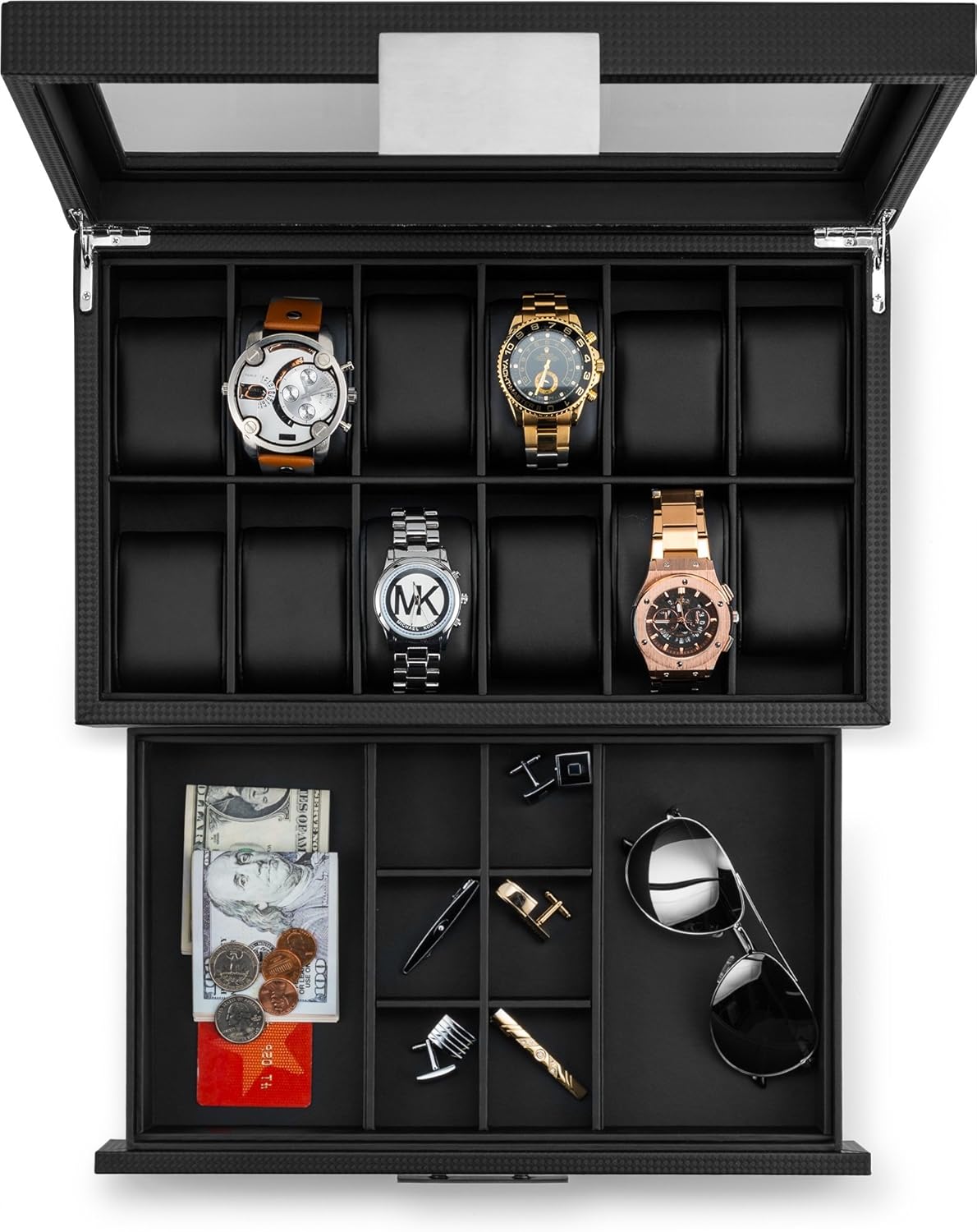 Glenor Co Watch Box with Valet Drawer for Men - 12 Slot Luxury Watch Case Display Organizer, Carbon Fiber Design - Metal Buckle for Mens Jewelry Watches, Men's Storage Boxes Holder has Large Glass Top: Home & Kitchen