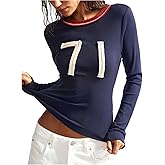 RoseSeek Women's Number T Shirts Ribbed Knit Long Sleeve Tops Crew Neck Fitted Jersey Shirt