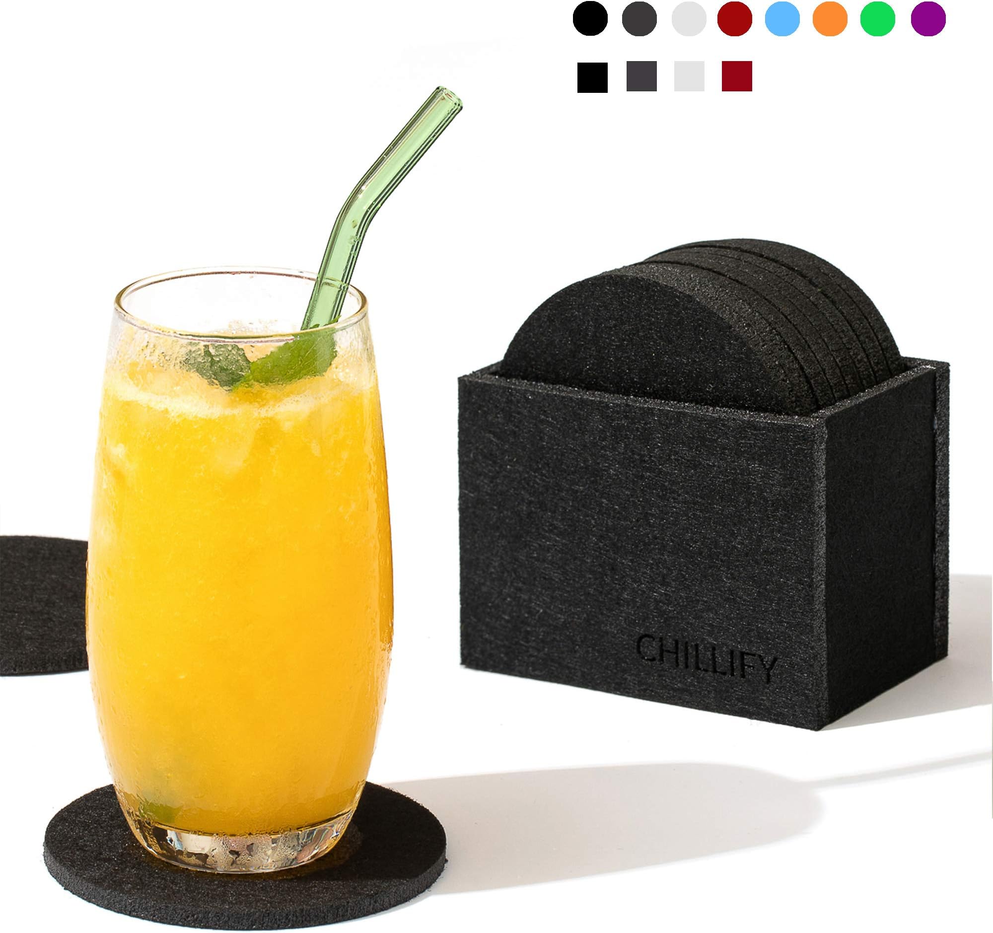 Chillify felt coasters with holder | non slip, heat resistant, washable, absorbent | beer mats | decorative home accessories| Set of 8 | black, round