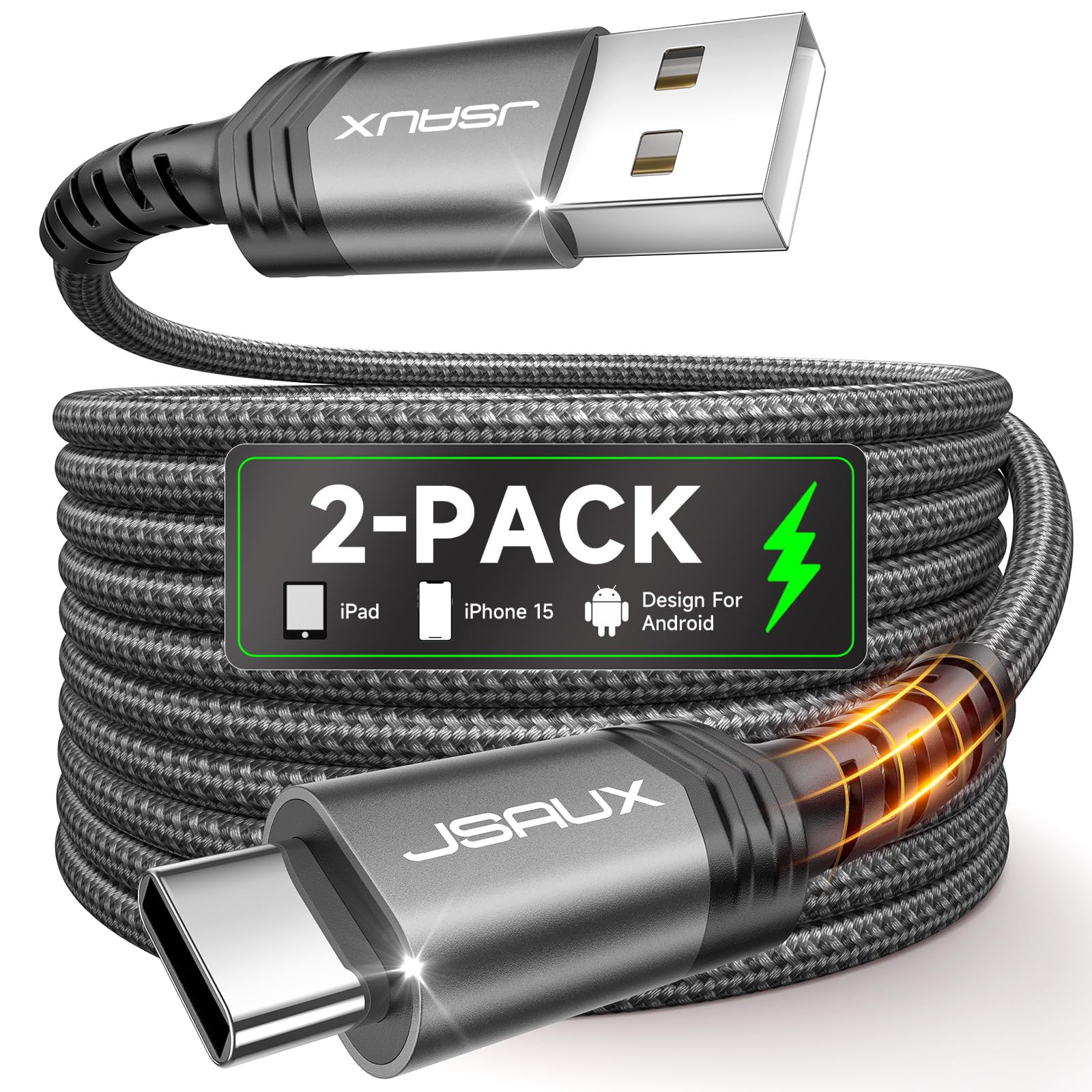 Photo 1 of JSAUX USB C Cable [2-Pack 3.3ft], USB A to USB Cord Fast Charging for iPhone Air, iPhone 17, iPhone 17 Pro, iPhone 17 Pro Max, iPhone 16/iPhone 15 Series, Samsung S20 S10, Note 20 10, Car Play - Grey