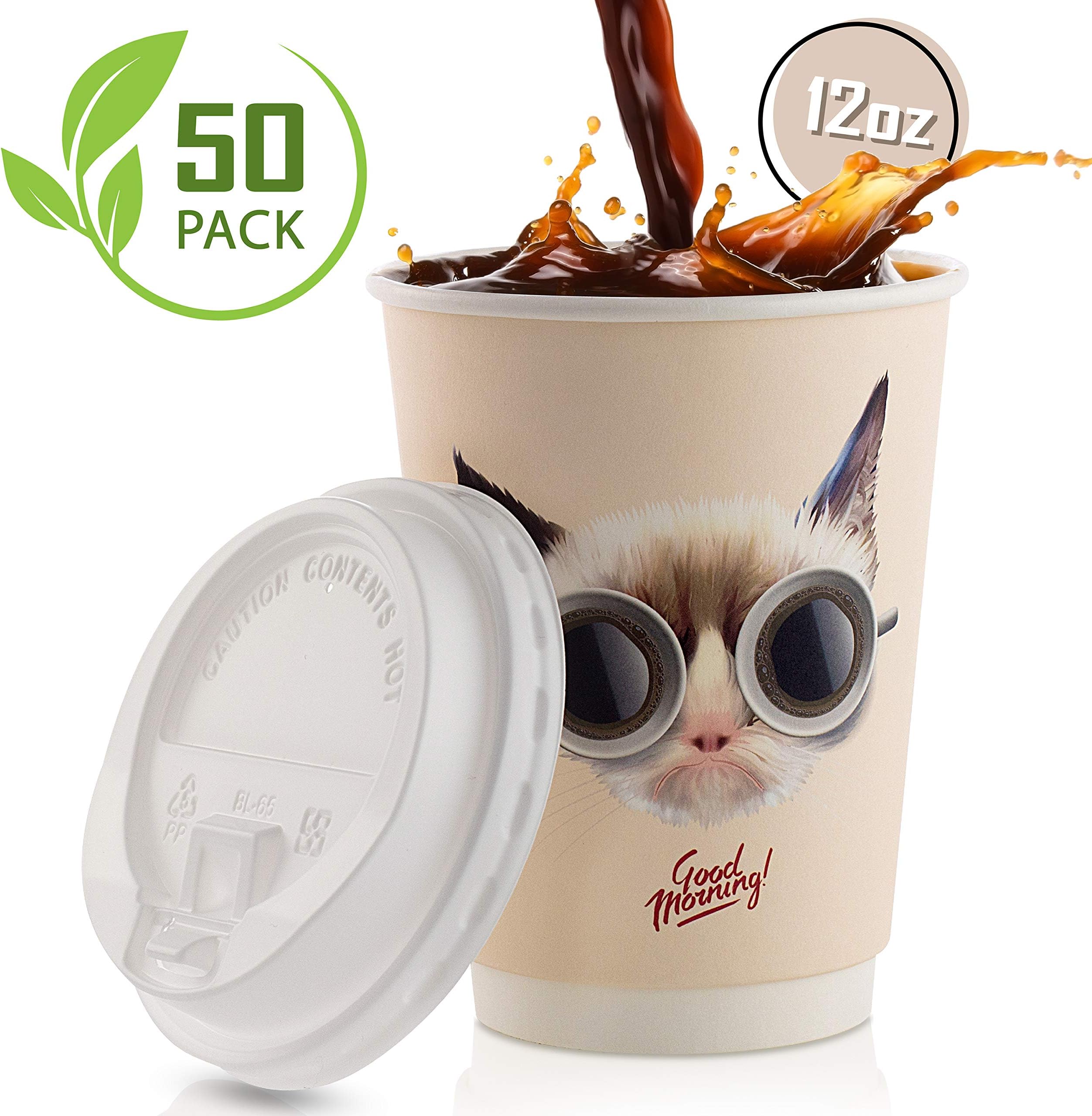 Disposable Coffee Cups With Leak-Proof Lids 12 Oz To-Go, 50-Pack Hot Paper Insulated Double Wall Cup Quality Secure-Locked Lid. Cute & Funny Cat Design, Cold/Hot Beverage Party Travel Cups.