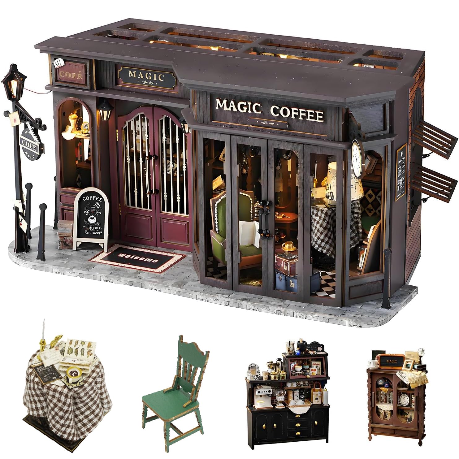 Mininature Dollhouse Kit, CUTEROOM DIY Wooden Dolls house Model Kits for Adults to Build Magic Retro Coffee Dollhouse Gift