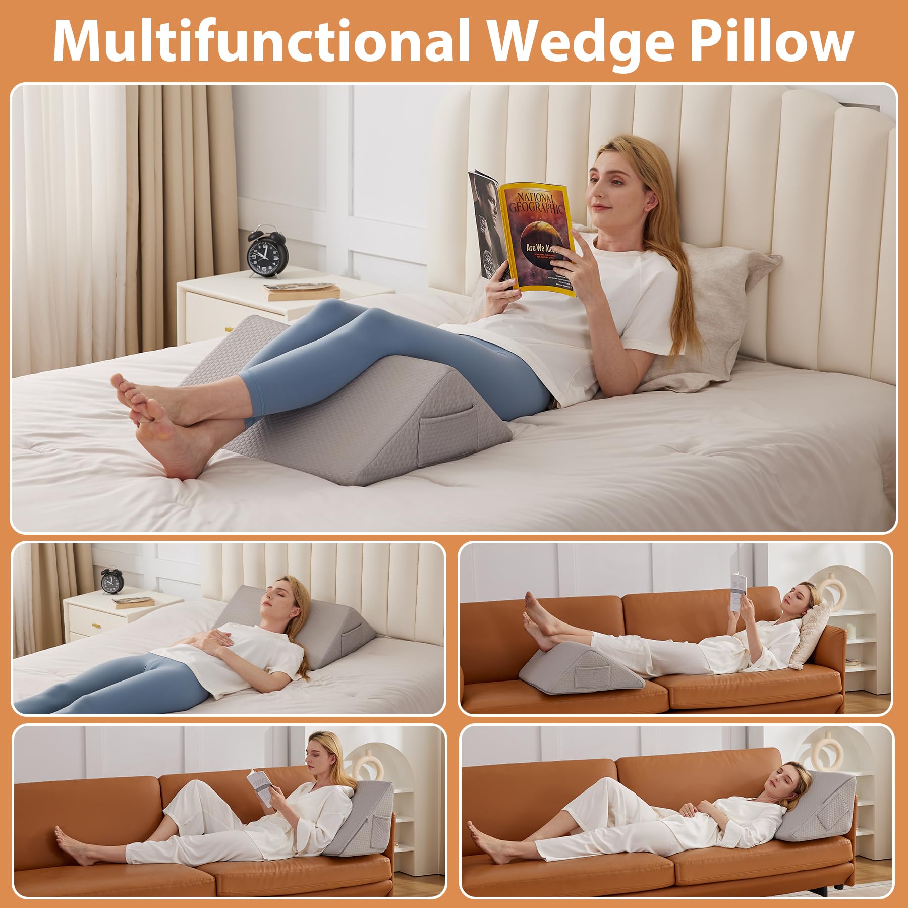 Knee Wedge Pillow, Memory Foam Knee Pillow for Back Sleeping, Leg Pillow, Bolster Pillow for Legs, Triangle Pillow for Back Support, Sciatica Back Pain Relief, 23.6×18.9×7.9 Inch, Grey