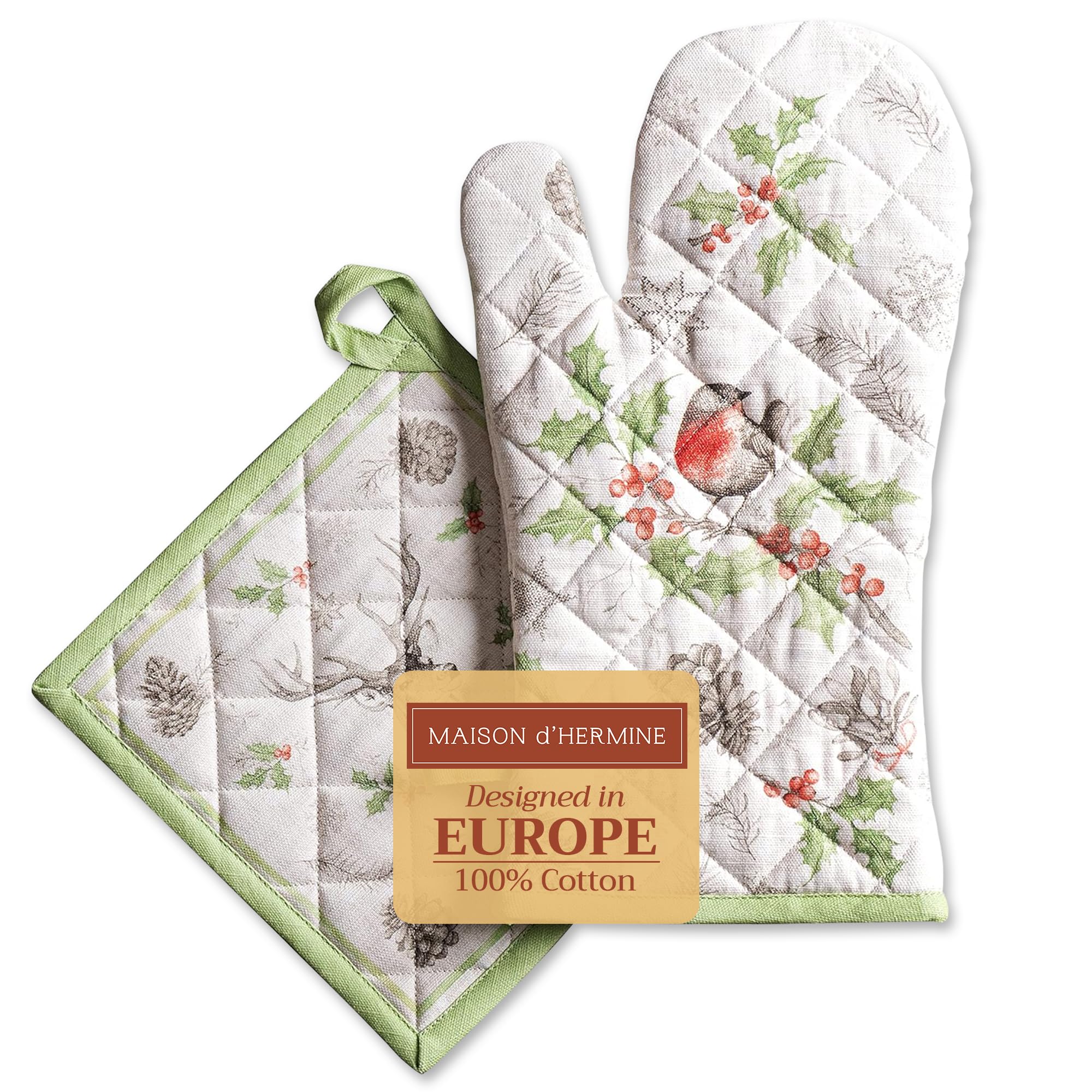 Maison d' Hermine 100% Cotton Oven Mitt & Pot Holder Set (19 x 33 cm & 20 x 20 cm) Heat Resistant BBQ Cooking Gloves with Loop for Christmas Decorations Baking Handling Hot Pans (Christmas Dew)