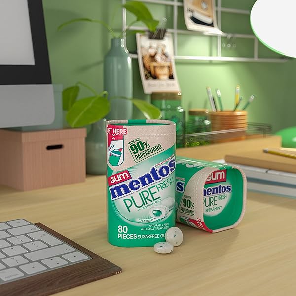 MENTOS PURE FRESH SPEARMINT SUGAR FREE CHEWING GUM WITH XYLITOL SWEETENER, PAPERBOARD BOTTLE, 80 PIECES