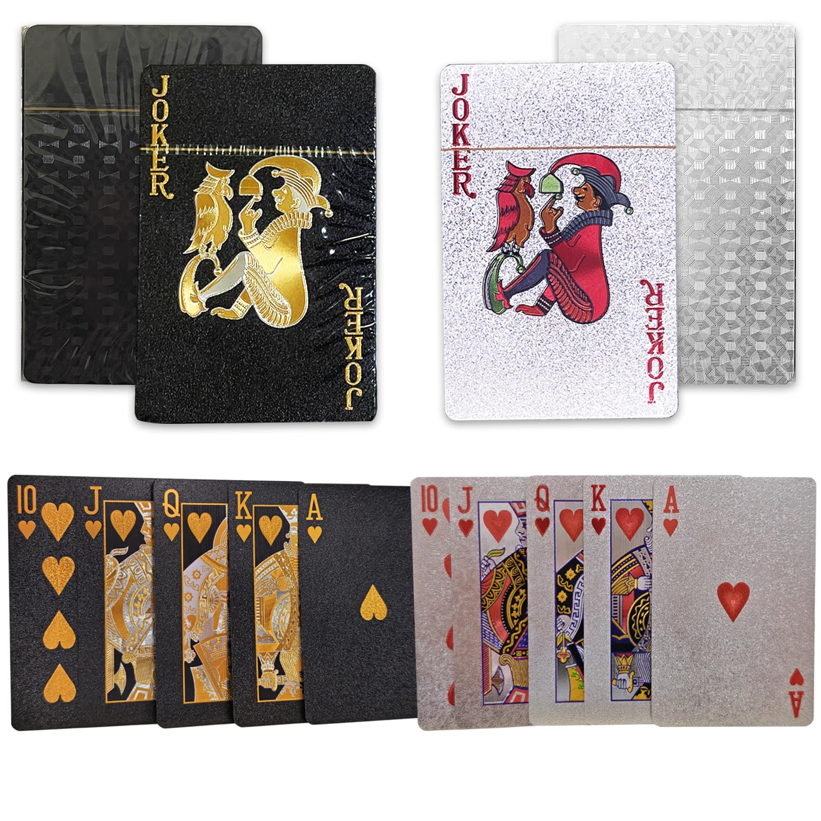 WJIASI 2 Pack Plastic Playing Cards - Waterproof, Washable Deck of Cards (UK) | Durable, Flexible, Solid Color No Fading, Professional for Gift Home Party Game with Storage Box (Silver+Black)