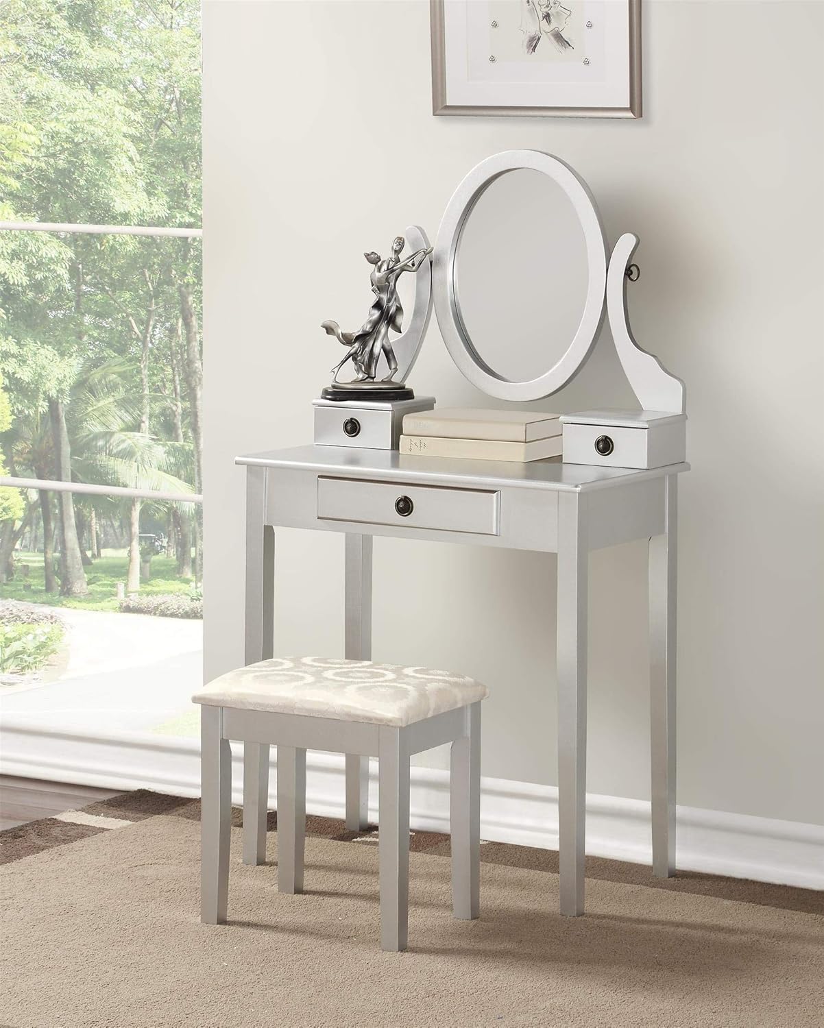 Amazon Com Roundhill Furniture Moniys Wood Moniya Makeup Vanity Table And Stool Set Silver Furniture Decor