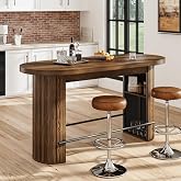 59" Bar Table, Walnut Counter Height Table, Wooden Vintage High Top Table | Bar Height Table with Storage Space, Metal Footrest, Home Bar Counter for Kicthen Island, Dining Room, Media Room
