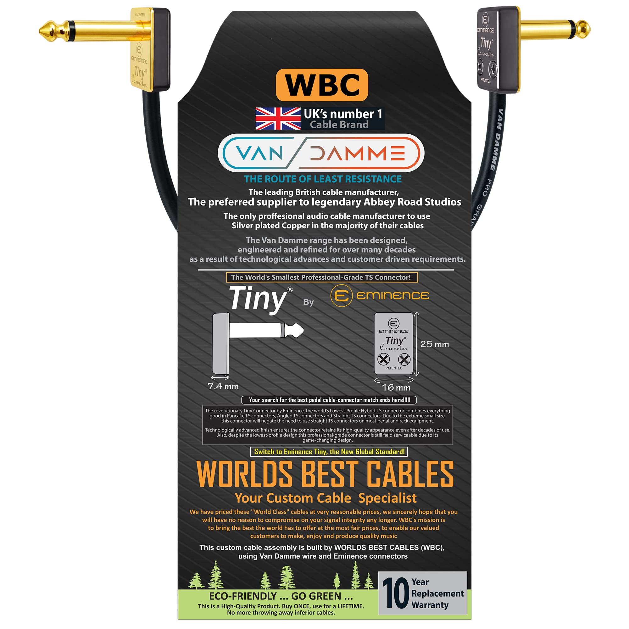 10 CM - Van Damme Pro Grade Classic XKE – Premium Silver-plated OFC, Flexible Shielded Guitar Bass Instrument Effects Pedal Patch Cable w/ Eminence Tiny Gold Plated Angled TS Connectors