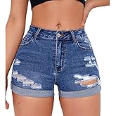 Tegmow Women's Summer Mid Waist Ripped Stretchy Denim Shorts Folded Hem Distressed Jean Shorts