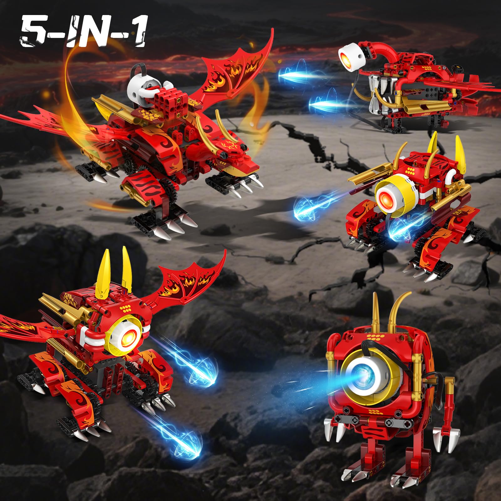 HOGOKIDS 5-in-1-Drachenroboter-Bauspielzeug mit 6 Lichtfarben und 5 Lichteffekten – 354PCS Roboter-Spielzeugset mit Fernbedienung und App-Steuerung für Kinder, Geschenke für Jungen Mädchen ab 8 Jahren 7