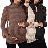 Sweetyweee 3 Pack Maternity T-Shirts Pregnancy Tops Women Sweater Long Sleeve Turtleneck Ribbed Finger Sleeve Outfits