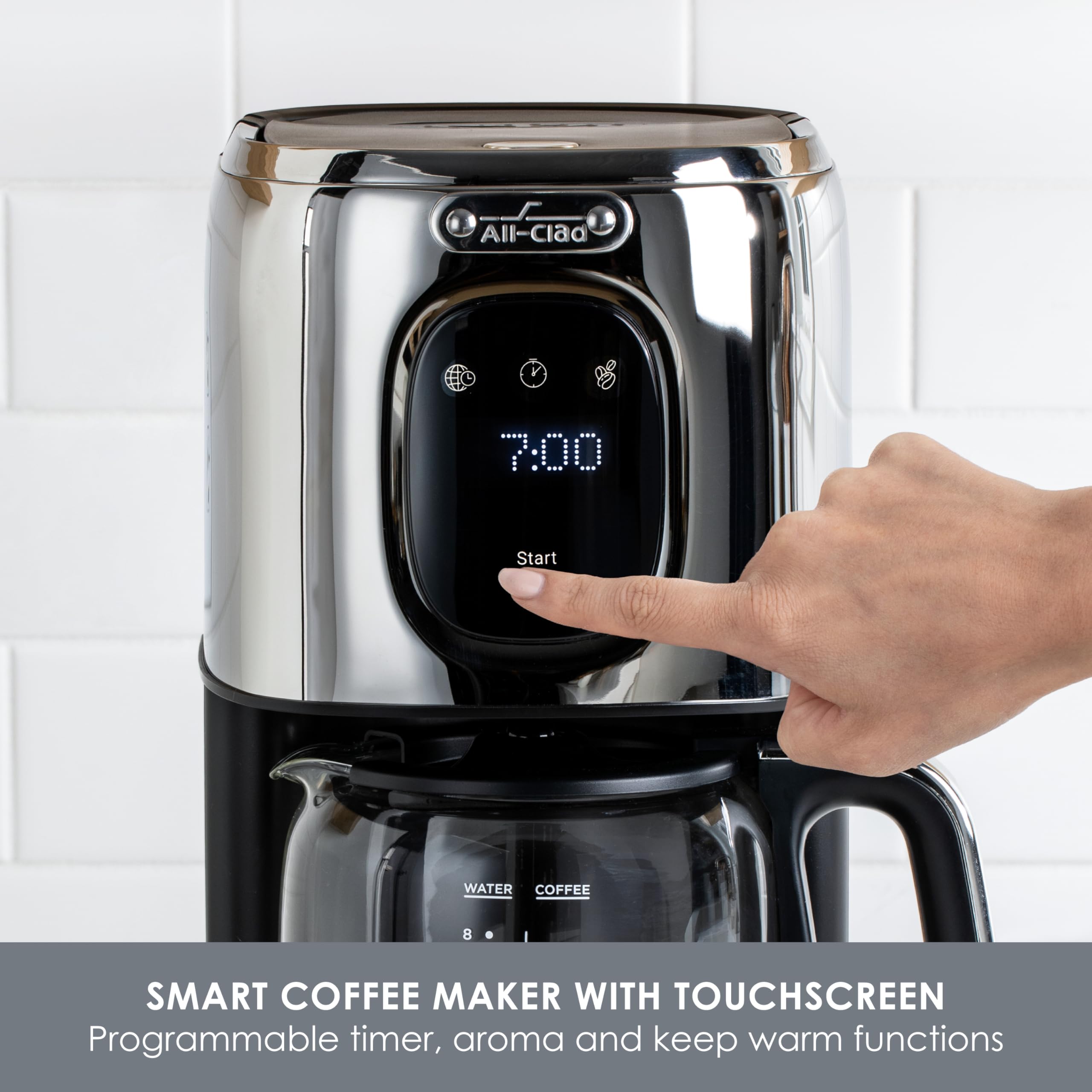 Cafetera Majestuo All-Clad de acero inoxidable, función mantener caliente, 1000 vatios, temporizador programable, tanque de agua extraíble, color plateado