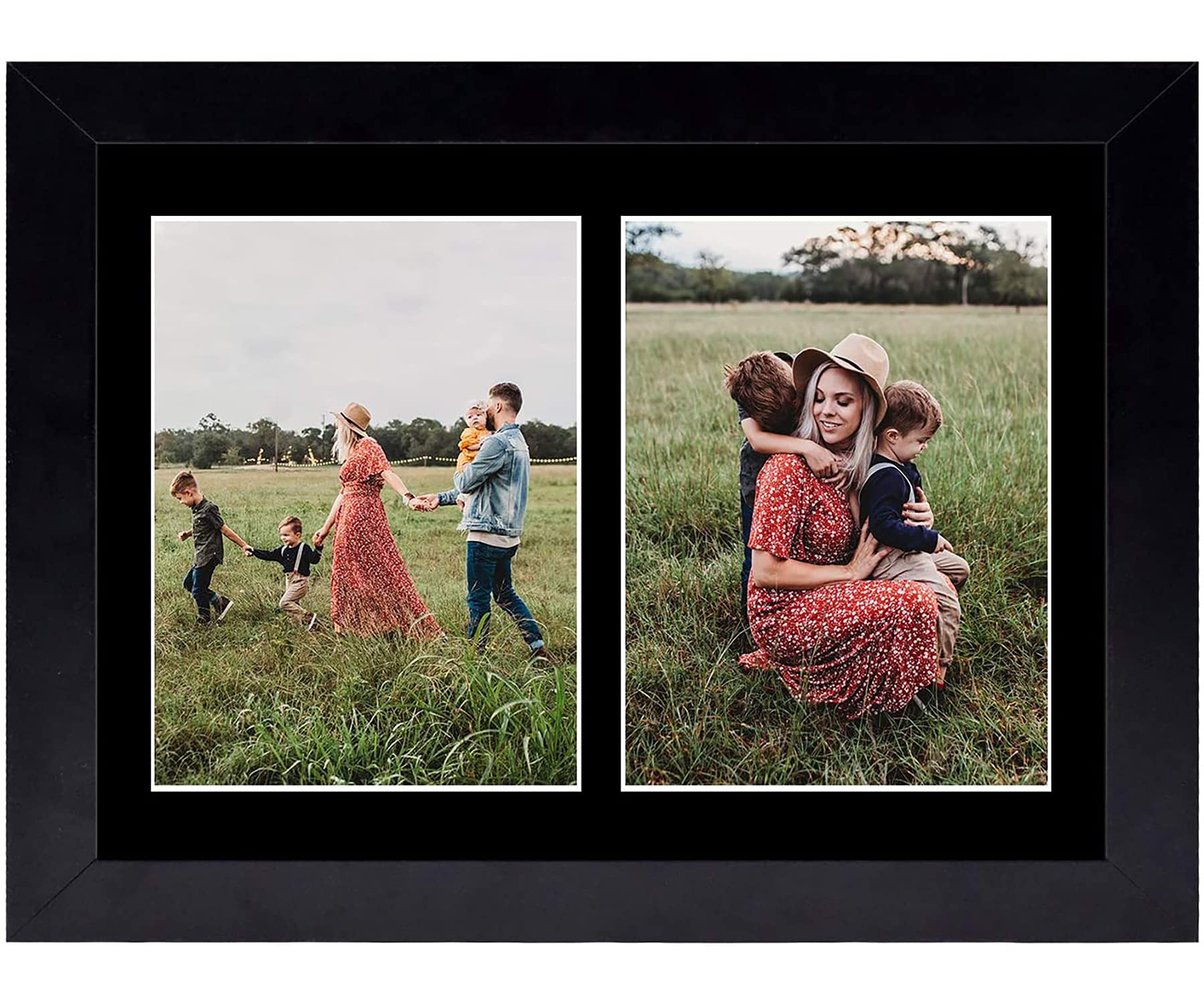 Golden State Art, 8.5x11 Black Wooden Picture Frame - Black Mat for 2-5x7 Photos or 8.5x11 Certificate Without Mat - Real Glass - Easel Stand for Landscape/Portrait Table Display