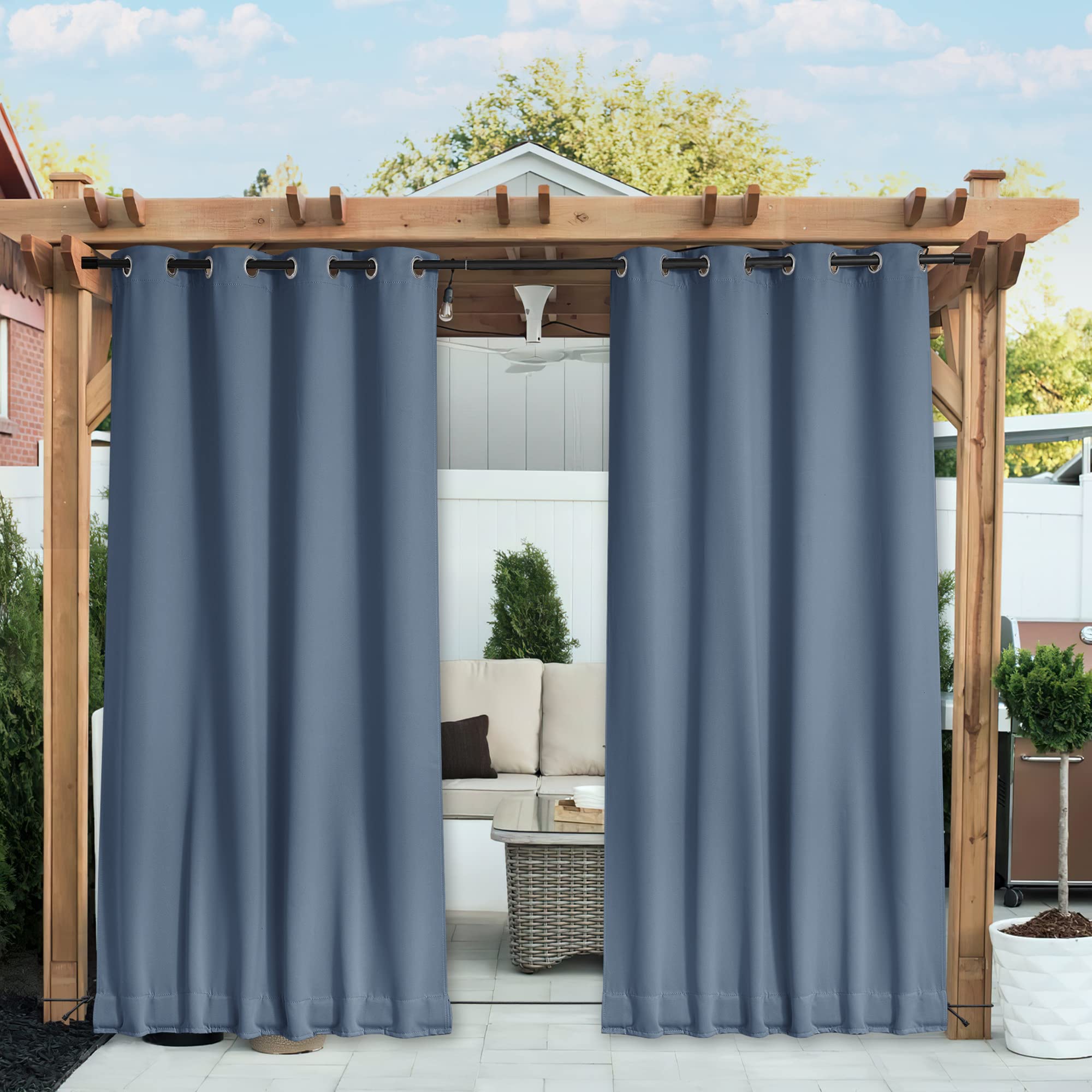 NICETOWN 2 Panels Outdoor Curtains for Patio Waterproof 108 inches Long, Windproof Thermal Insulated Top & Bottom Grommet & Back Tab Blackout Drapes with Rope for Fixed, Stone Blue, W52 x L108 Image