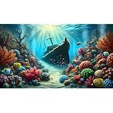 Undersea Shipwreck Aquarium Background Underwater World Coral Fish Tank Background 24x12 Inches PVC Glass Container Decoration with Tapes