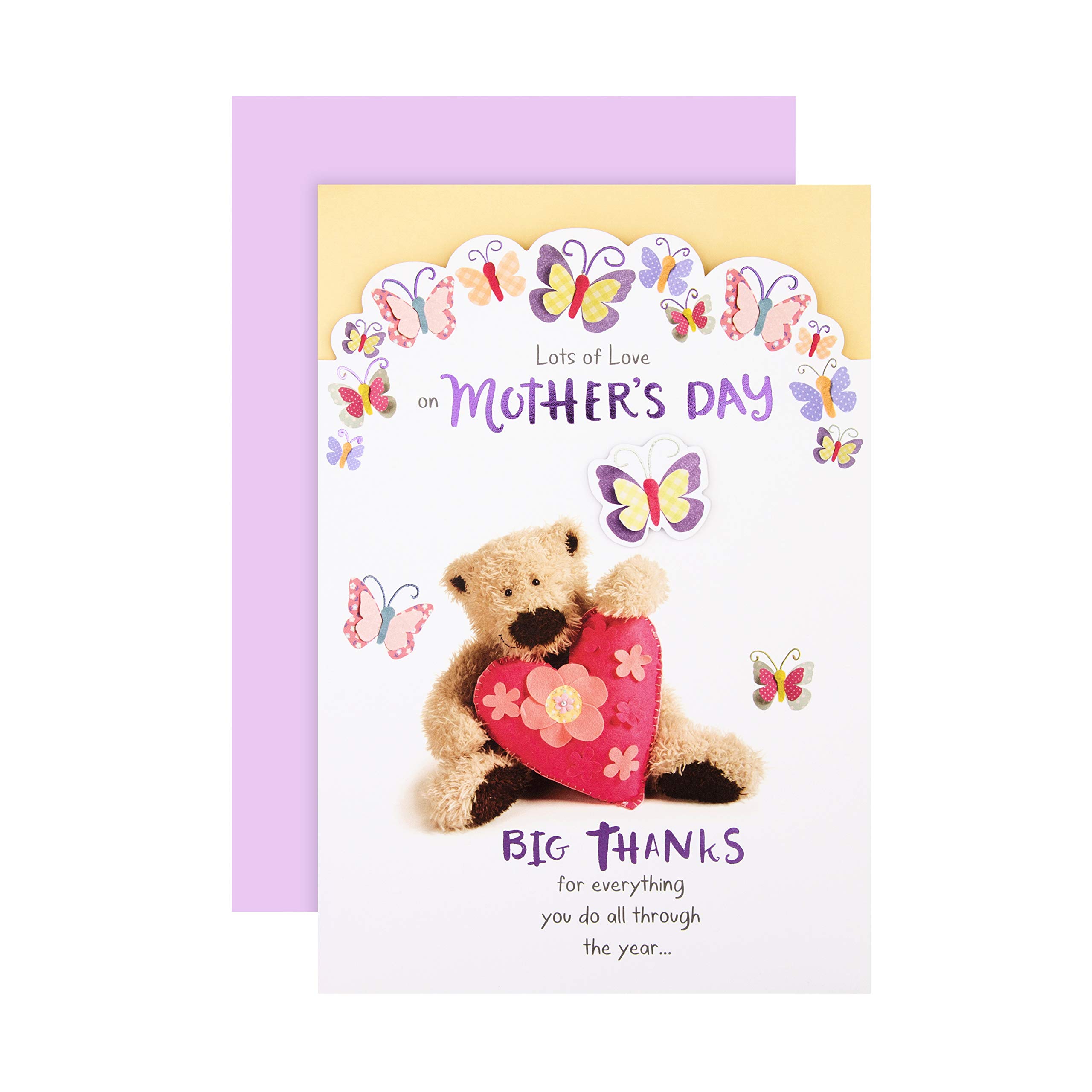 Hallmark Mothers Day Card, Cute Wellibobs Design, Bear, Heart & Butterfly design, for Mum, Grandma, Wife, White