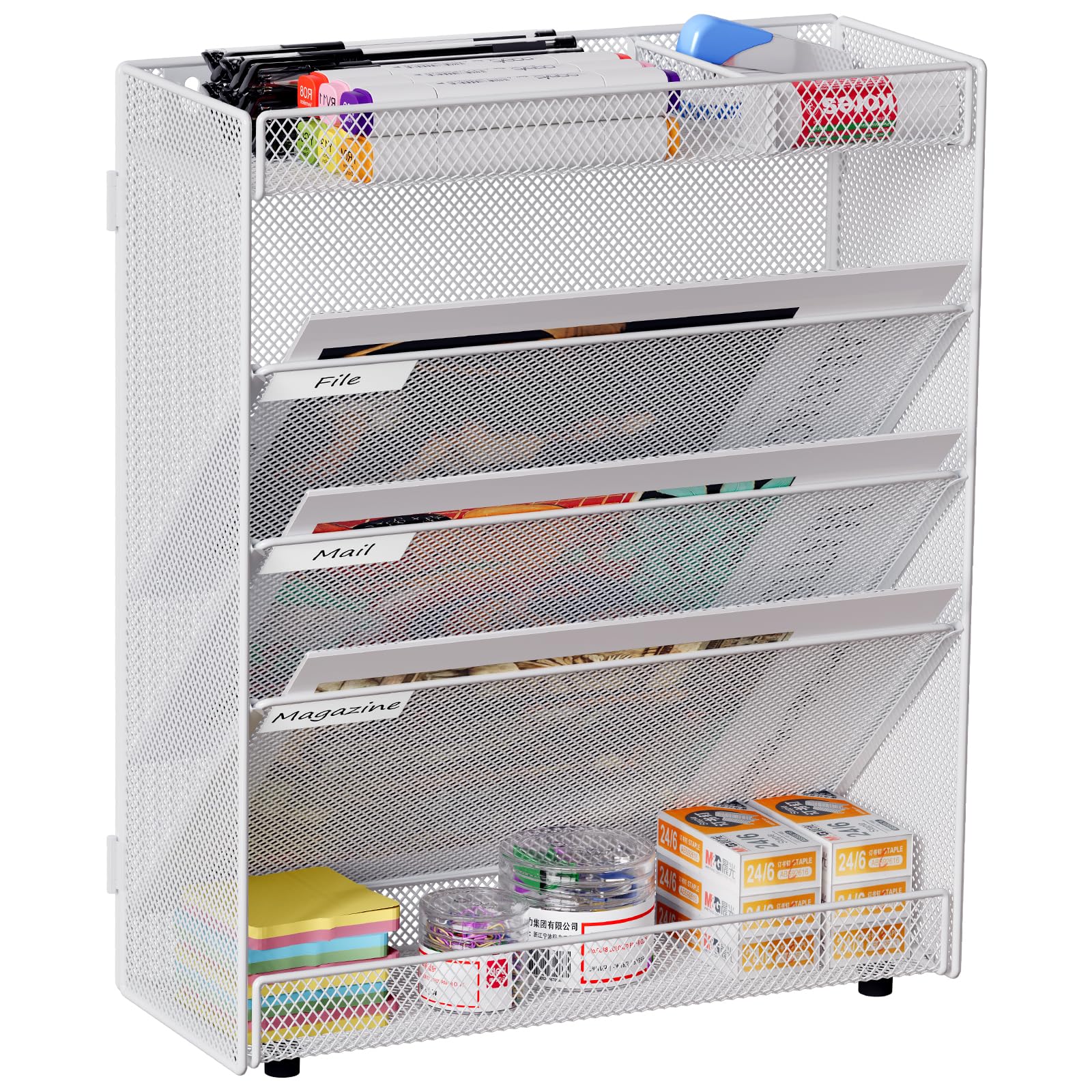 EasyPAG 5 Tier Assemble A4 Mesh in Tray Hanging Wall File Holder Mail Organiser Magazine Storage Desk Stationery Tidy Rack,White