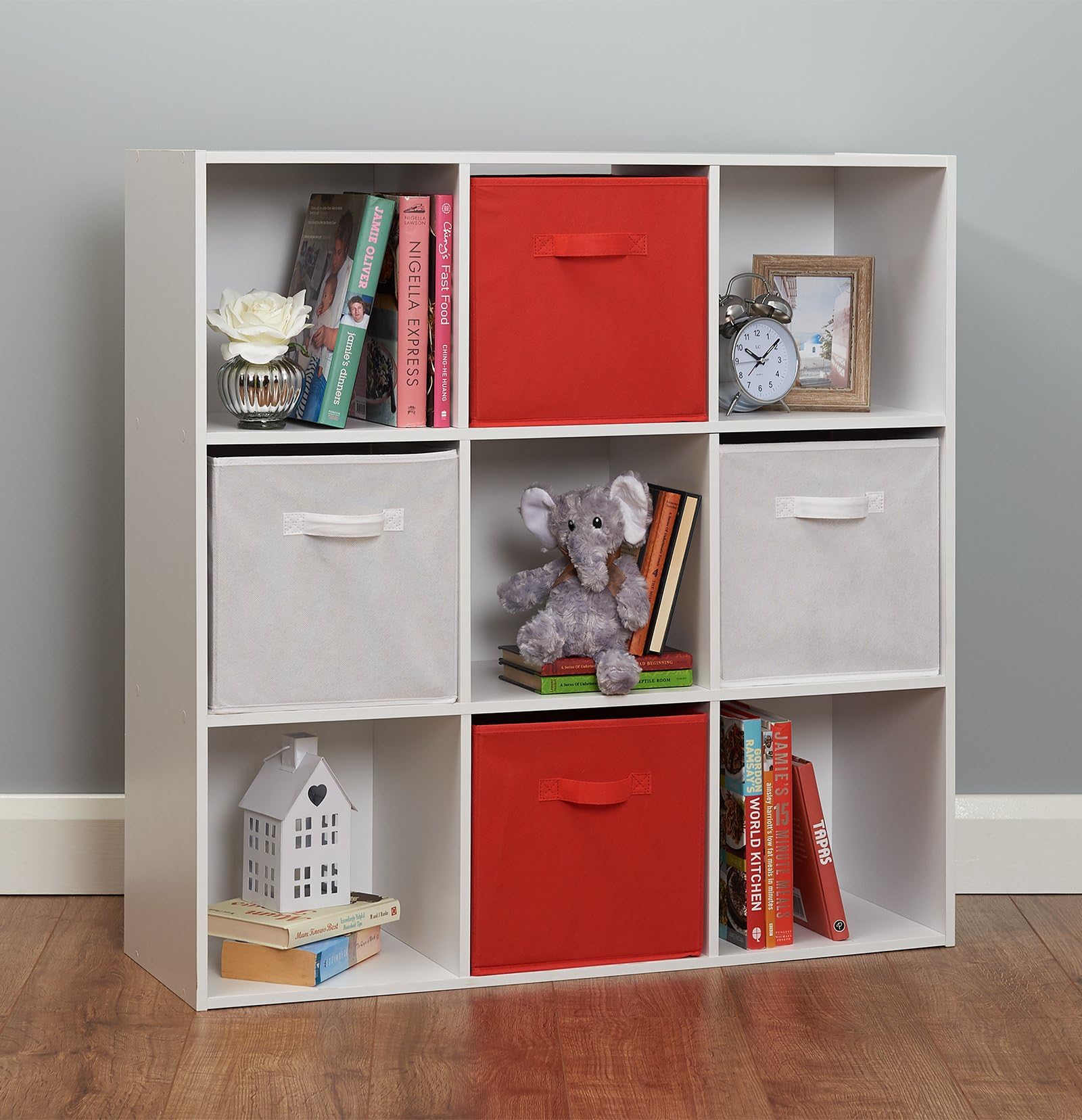 Roost White 9 Cube Storage Unit - White and Red Baskets