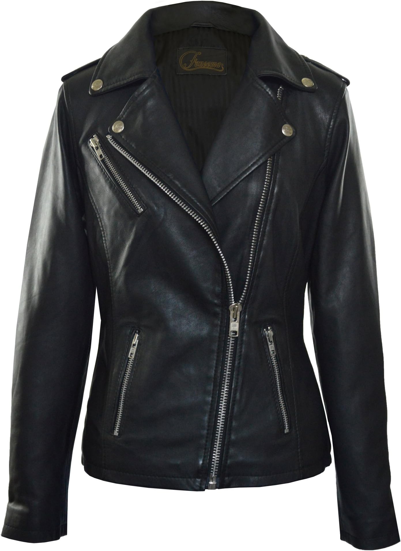 Faneema Women's Neva Asymmetrical Moto Leather Jacket, Black (Extra Small)