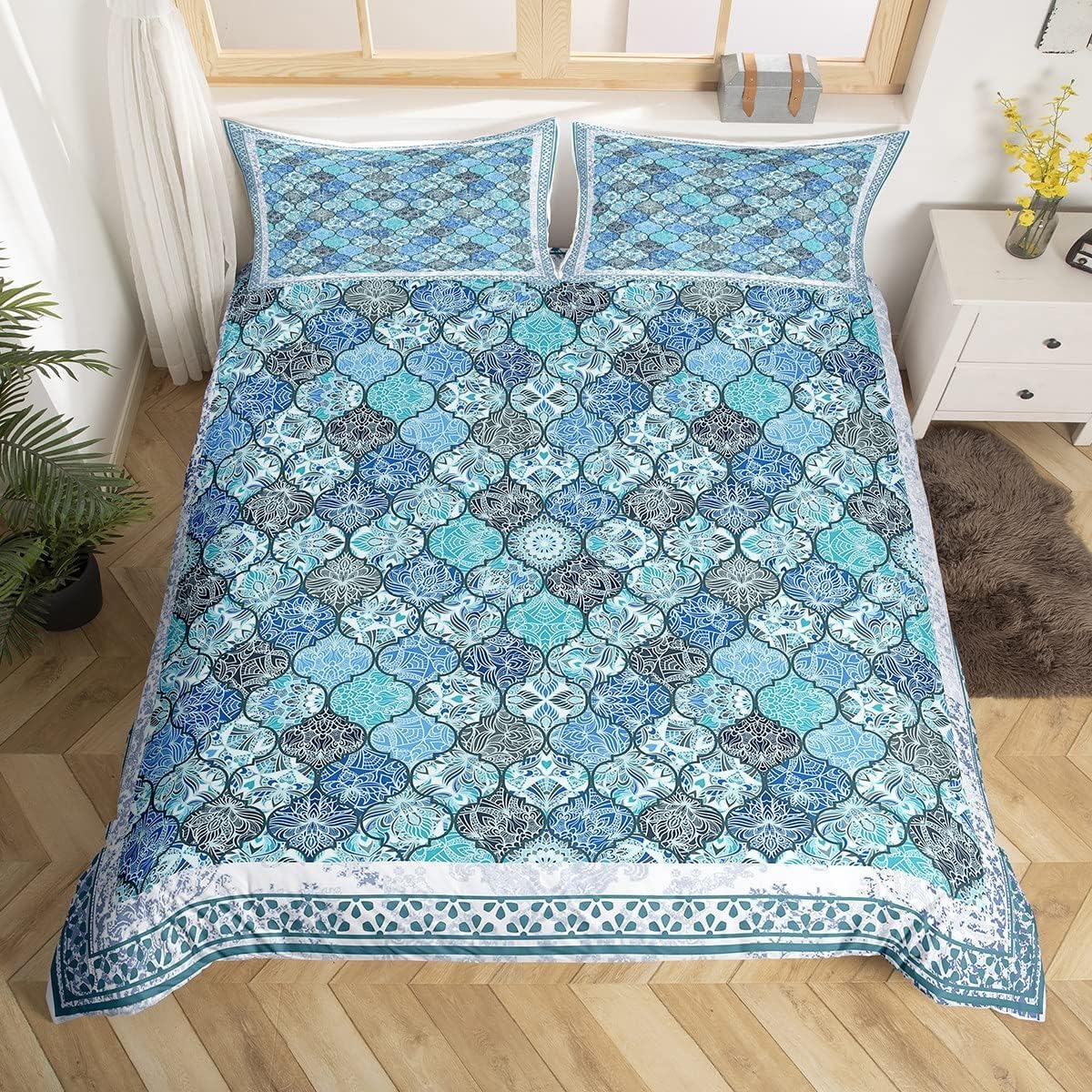 Homewish Teal Floral Single Size Duvet Cover Sets, Blue Grey Paisley Damask Bedding Set for Kids Adults, Moroccan Bohemian Comforter Cover, Luxury Microfibre Soft Bedding & Linen 2Pcs
