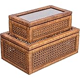 Creative Co-Op Modern Decorative Rectangle Woven Rattan and Wood Display Boxes with Glass Top, Set of 2 Sizes, Dark Brown Fin