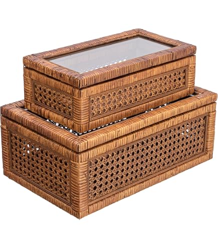 Creative Co-op Set di 2 scatole per Esposizione in Canna e Rattan con Coperchio in Vetro visualizzazione, Legno, Beige