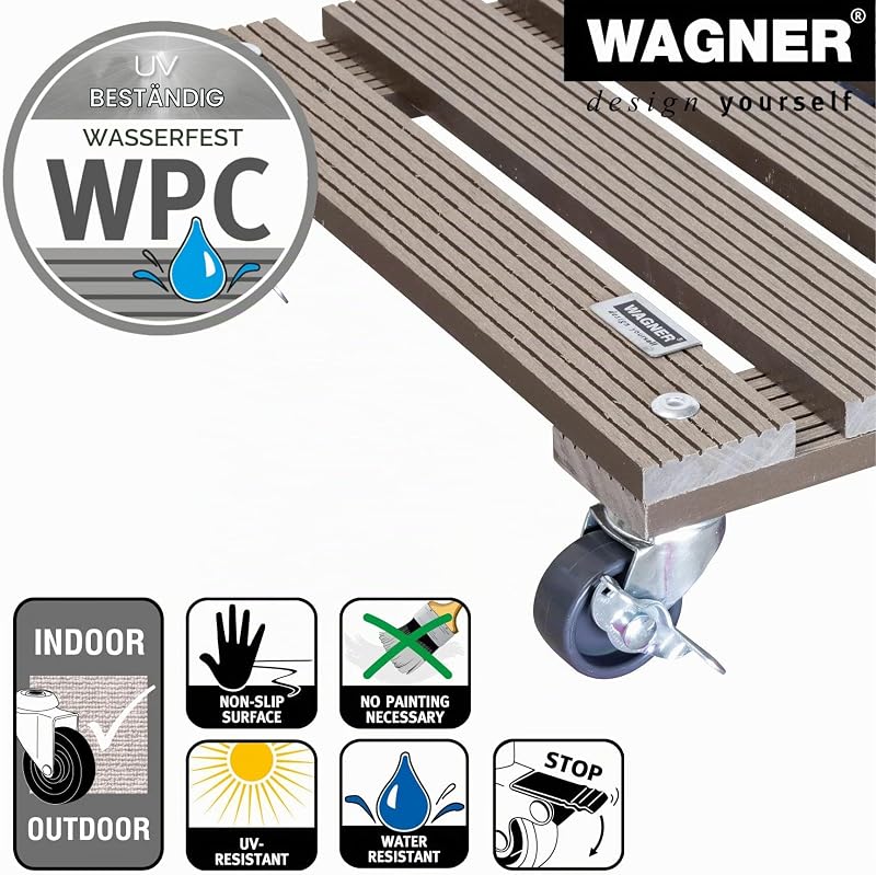 Pflanzenroller WPC FSC® 29 x 29 x 7,5 cm I Blumenroller für Außenbereich + Innenbereich I Kübelroller FSC® Wood Plastic Composite, Taupe I 2 Feststeller I Tragkraft 80 kg - 20053101