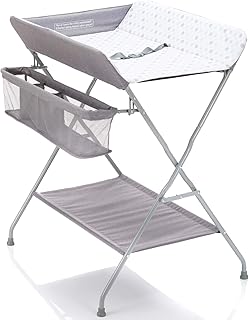 Fillikid Baby Wickelkombi - klappbare Wickelkommode, mobiler Wickeltisch mit Wickelauflage, Sicherheitsgurt und Ablagefächern, platzsparend & stabil - Punkte Grau