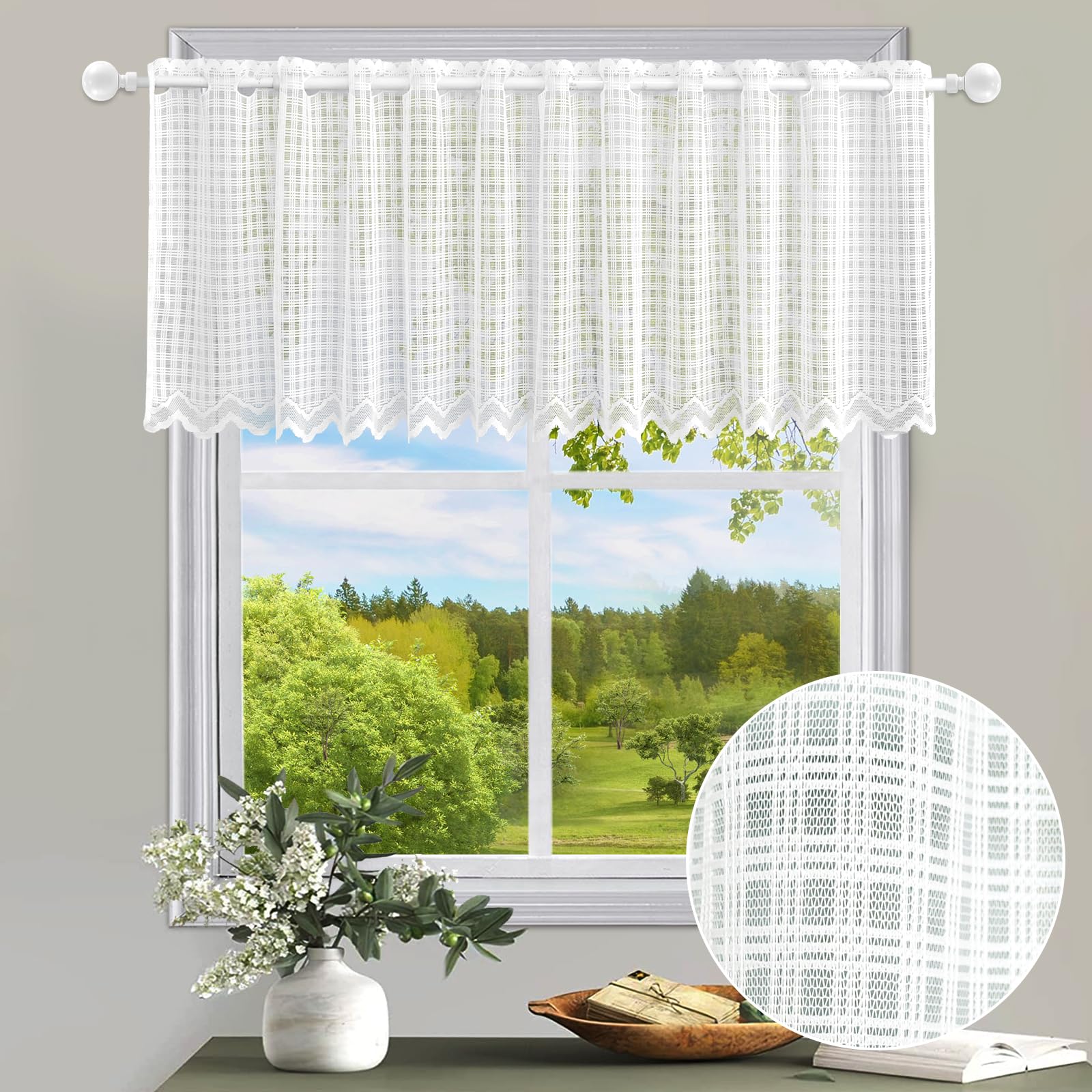 ZHH E-COMMERCE White Short Curtains Window Valance, Sheer Voile Window Treatment Valance Curtain for Kitchen, Bathroom, Living Room, 45cmx150cm/17 x59