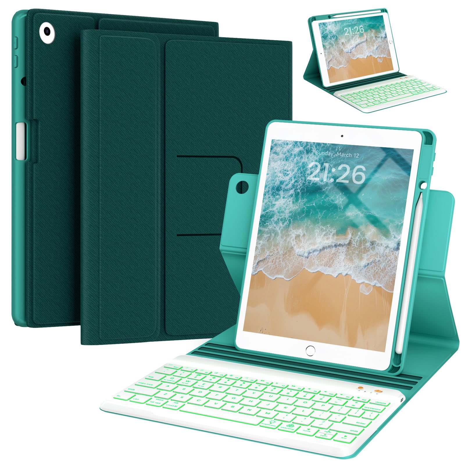 Photo 1 of Keyboard Case for iPad 9.7 inch 5th 6th Generation,iPad Air 2 360° Rotatable Keyboard Case with Pencil Holder(2018/2017/2014),7 Color Backlit Removable Bluetooth Keyboard Smart Folio Cover(Teal)