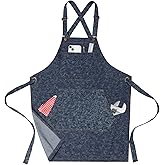 FunChaos Cotton Denim Apron for Men Women, Cross Back Chef Apron with Large Pockets Removable Straps for Kitchen Cooking Gardening BBQ Hair Stylist Barista, Heavy Duty Jean Work Apron Adjustable Size