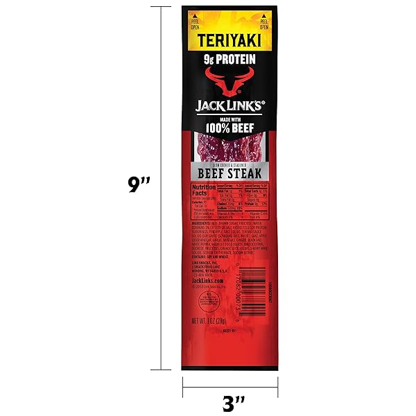 JACK LINK’S BEEF STEAK, TERIYAKI – PROTEIN SNACKS, MEAT SNACK WITH 9G OF PROTEIN, MADE WITH 100% BEEF, INDIVIDUALLY WRAPPED BULK SNACK PACK, KETO FRIENDLY – 1 OZ. (12 COUNT)