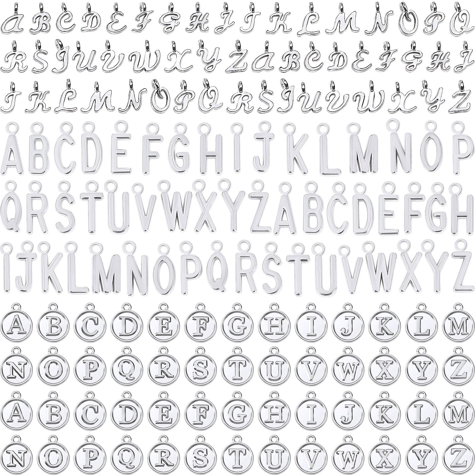 SANNIX 156Pcs/6 Sets Letter Charms, Alphabet ABC Letter Charms 3 Styles Capital A-Z DIY Bracelet Necklace Pendants with 200Pcs Open Jump Rings for Jewelry Making, Antique Silver