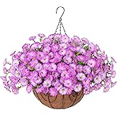 Artificial Faux Hanging Plants Flowers Basket for Outdoor Outside Spring Summer Decoration, Silk Purple Morning Glory in Planter UV Resistant Look Real Fake Flowers for Porch Patio Balcony Home Yard