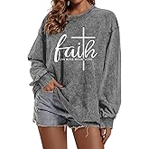 Zoemghc Christian Shirts for Women Faith Can Move Mountains Acid Wash Shirt Jesus Religious Bible Verse Long Sleeve Top