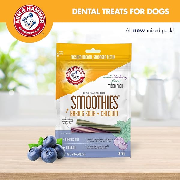 ARM & HAMMER FOR PETS SMOOTHIES DENTAL TREATS FOR DOGS WITH BAKING SODA AND CALCIUM, TREAT CHEWS HELP FIGHT BAD BREATH, PLAQUE & TARTAR, MINT BLUEBERRY & MINT, 8 PCS