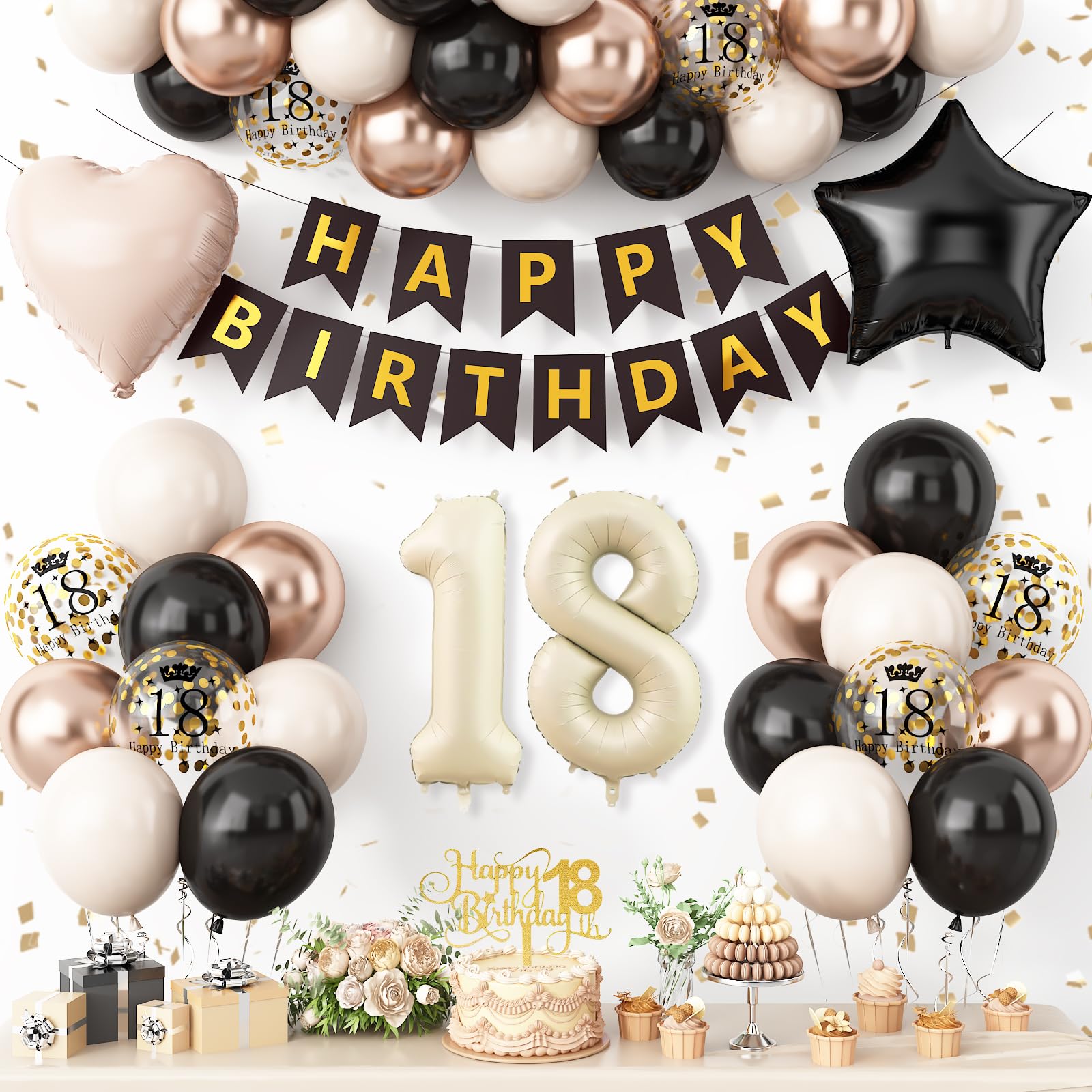 Photo 1 of 18th Birthday Decorations Black Sand White,18th Birthday Balloons Sand White Champagne Gold,Happy Birthday Banner with Cake Toppers Number 18 Balloons for Girls Boys Party Decorations